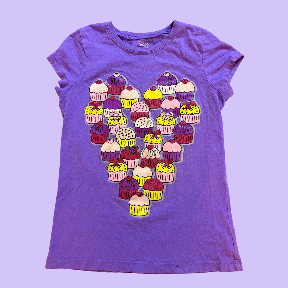 Y2K Girls Purple Cupcake Heart Graphic Baby Tee Scene Cute #19